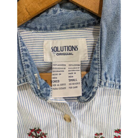 Solutions Original Shirt Women's Small Blue Button Down Top Farm Embroidered VTG - Picture 5 of 7
